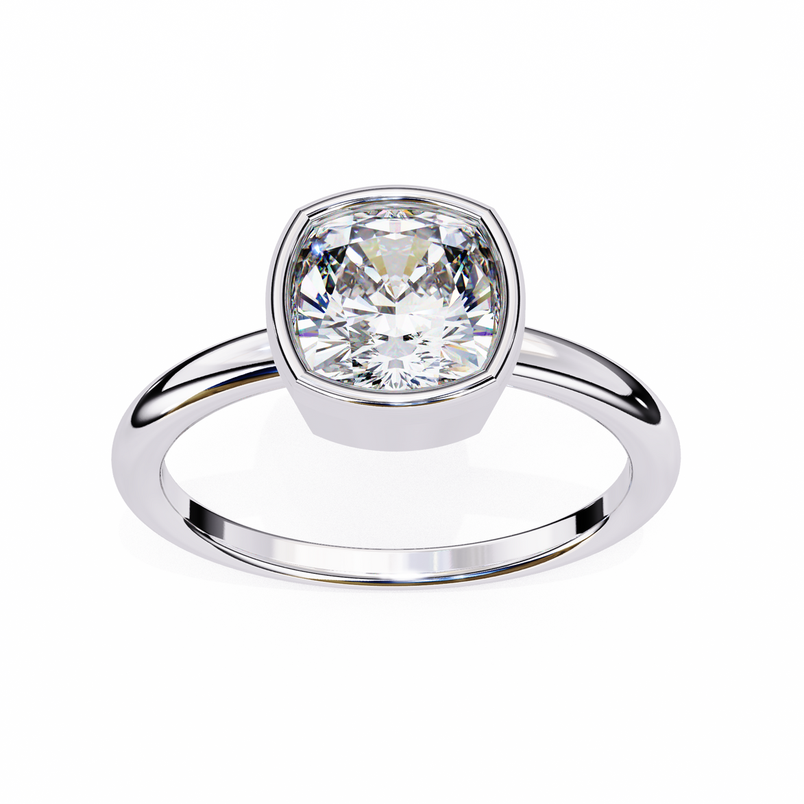 Silver ring with a large diamond on a white background