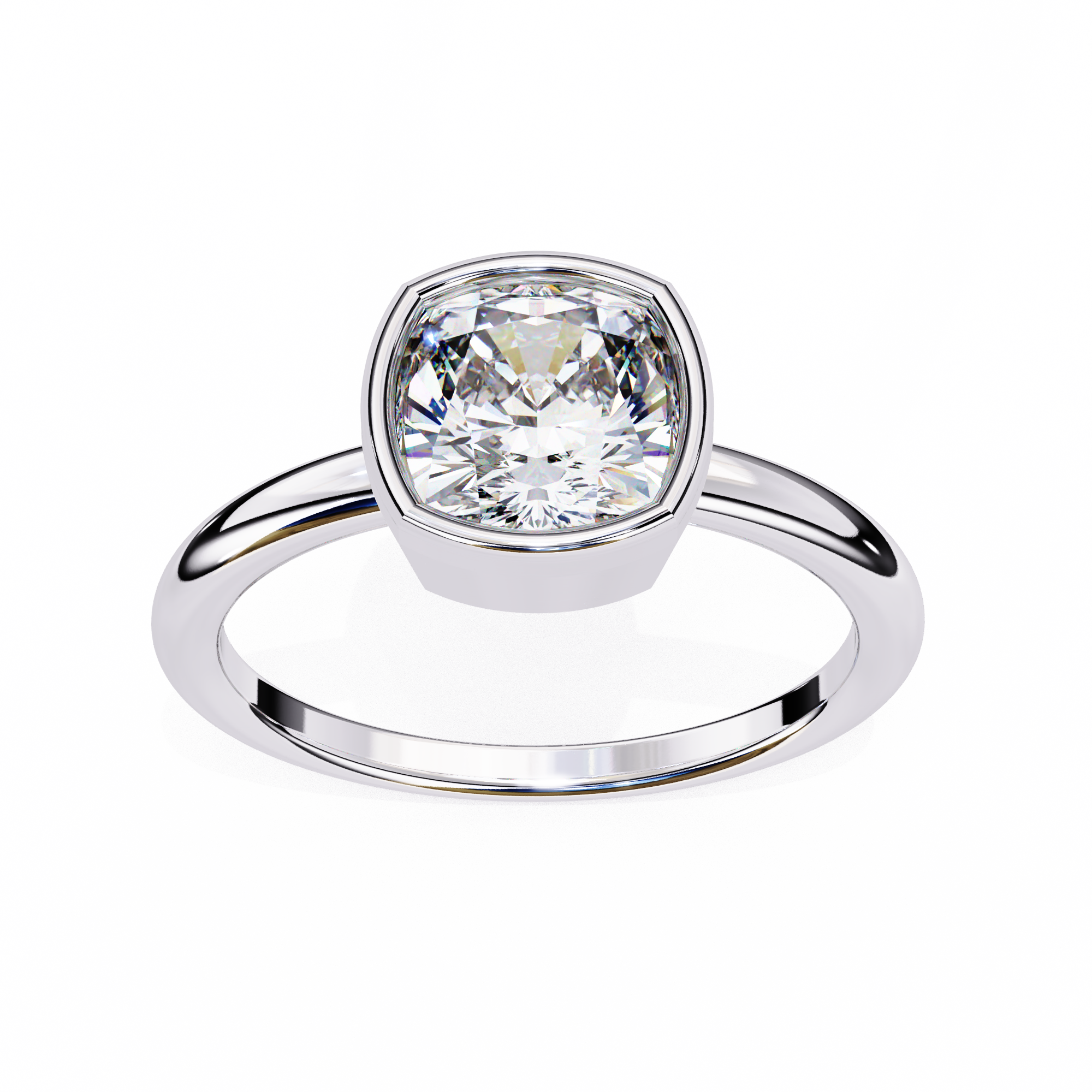 Silver ring with a large diamond on a white background