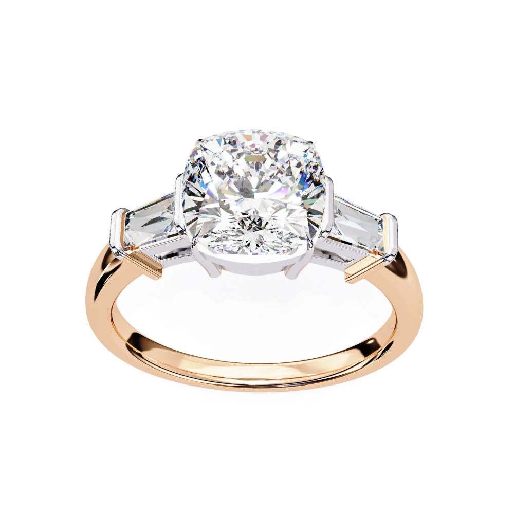 Rose gold ring with a large diamond on a white background