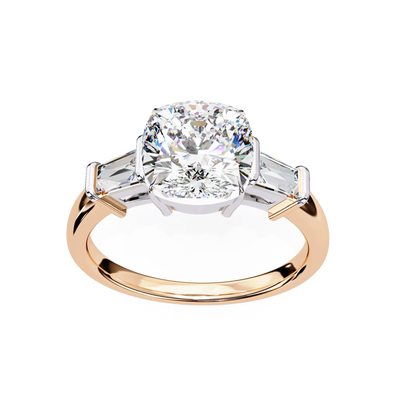 Rose gold ring with a large diamond on a white background