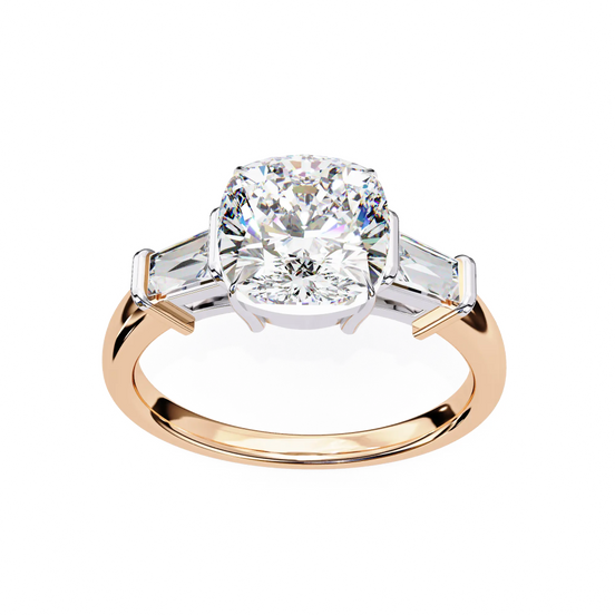 Rose gold ring with a large diamond on a white background