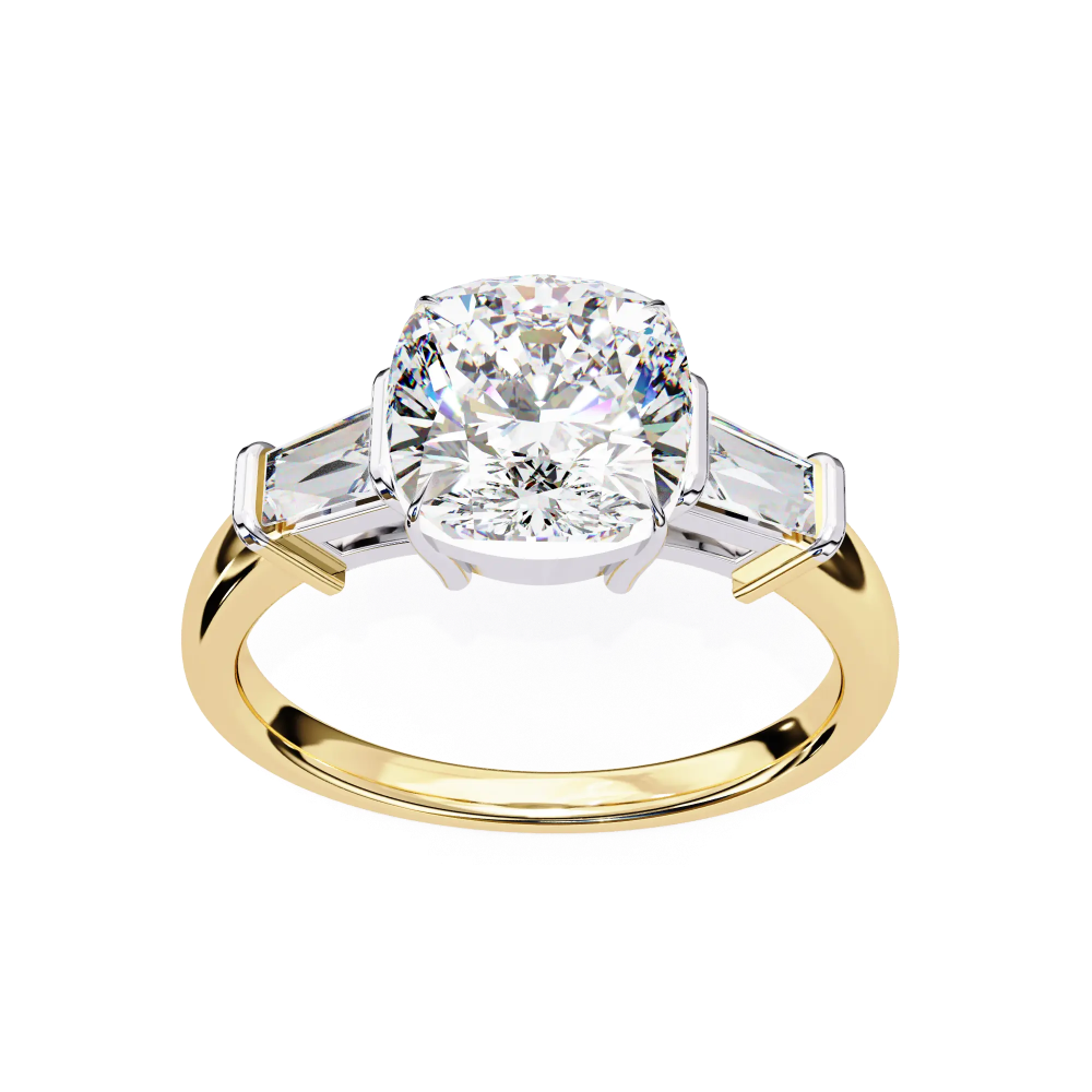 Gold and silver ring with a large diamond on a white background