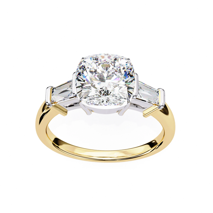 Gold and silver ring with a large diamond on a white background