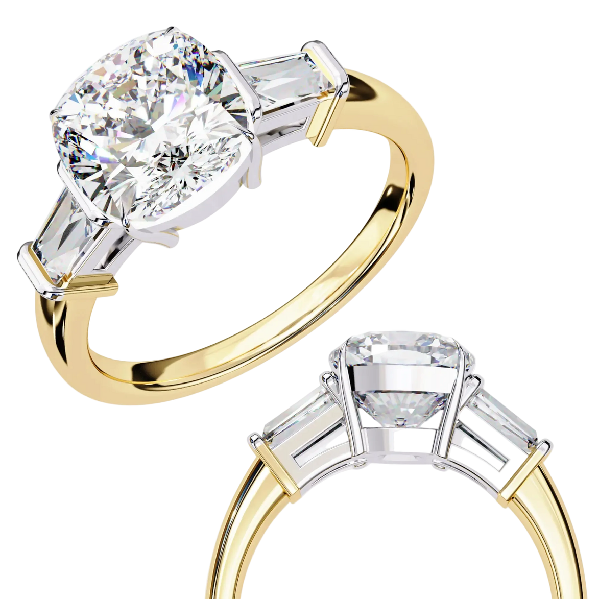 Two diamond rings with gold and silver bands on a white background