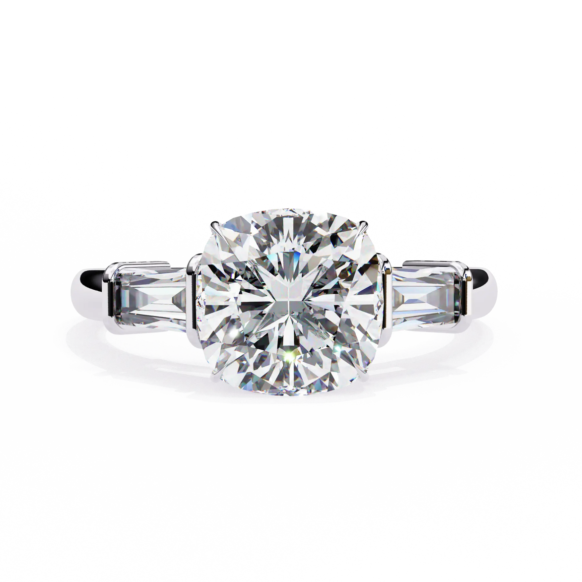 Diamond ring with a large central gemstone and smaller stones on the sides on a white background