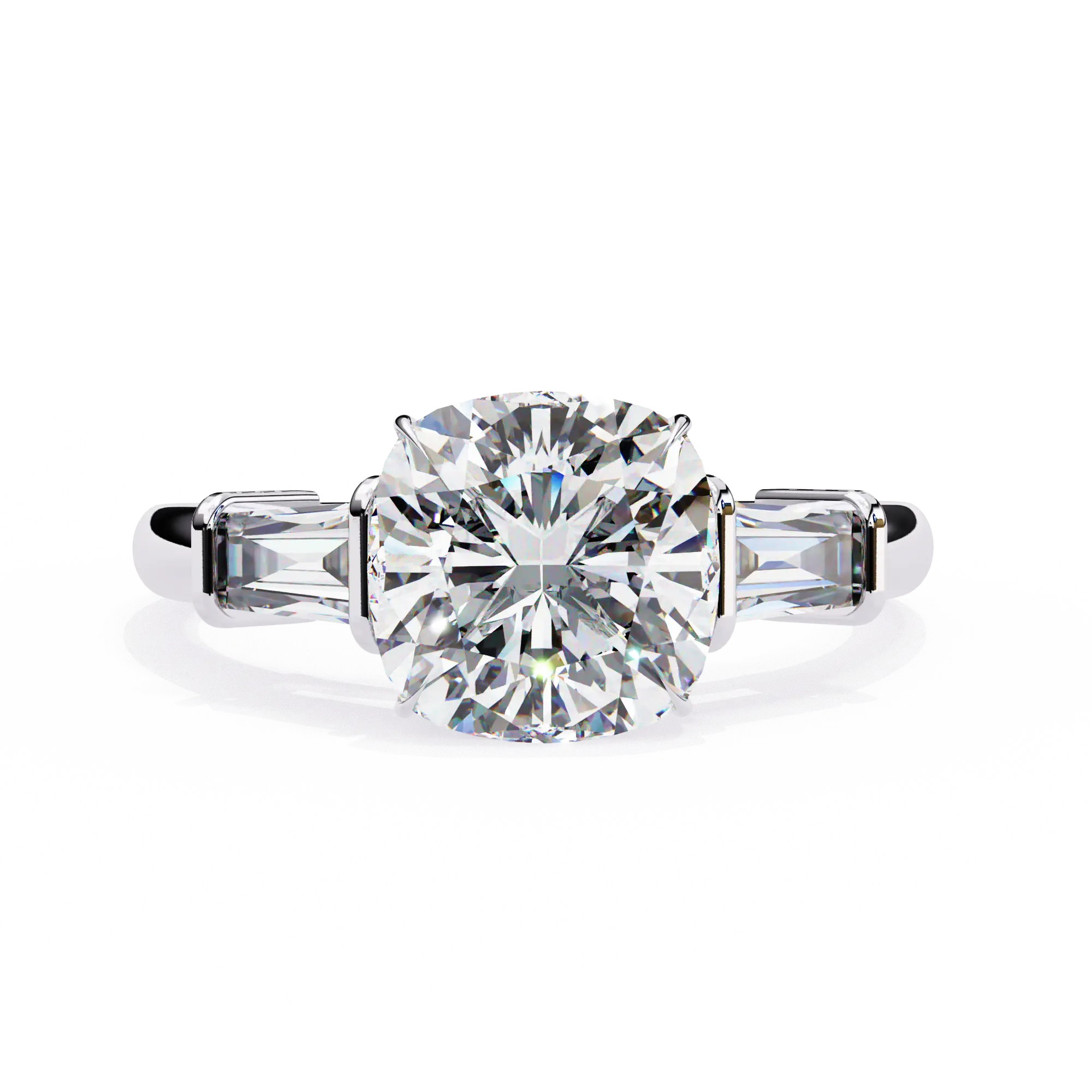 Diamond ring with a large central gemstone and smaller stones on the sides on a white background
