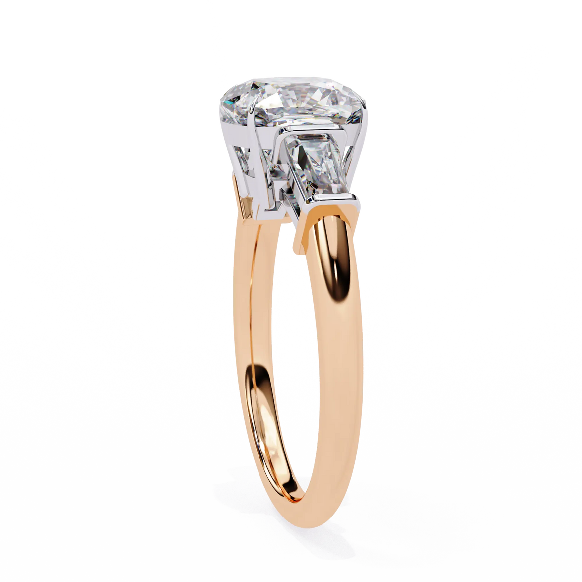 Rose gold ring with a diamond on a white background