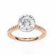 Rose gold ring with a large diamond and smaller diamonds on the band against a white background