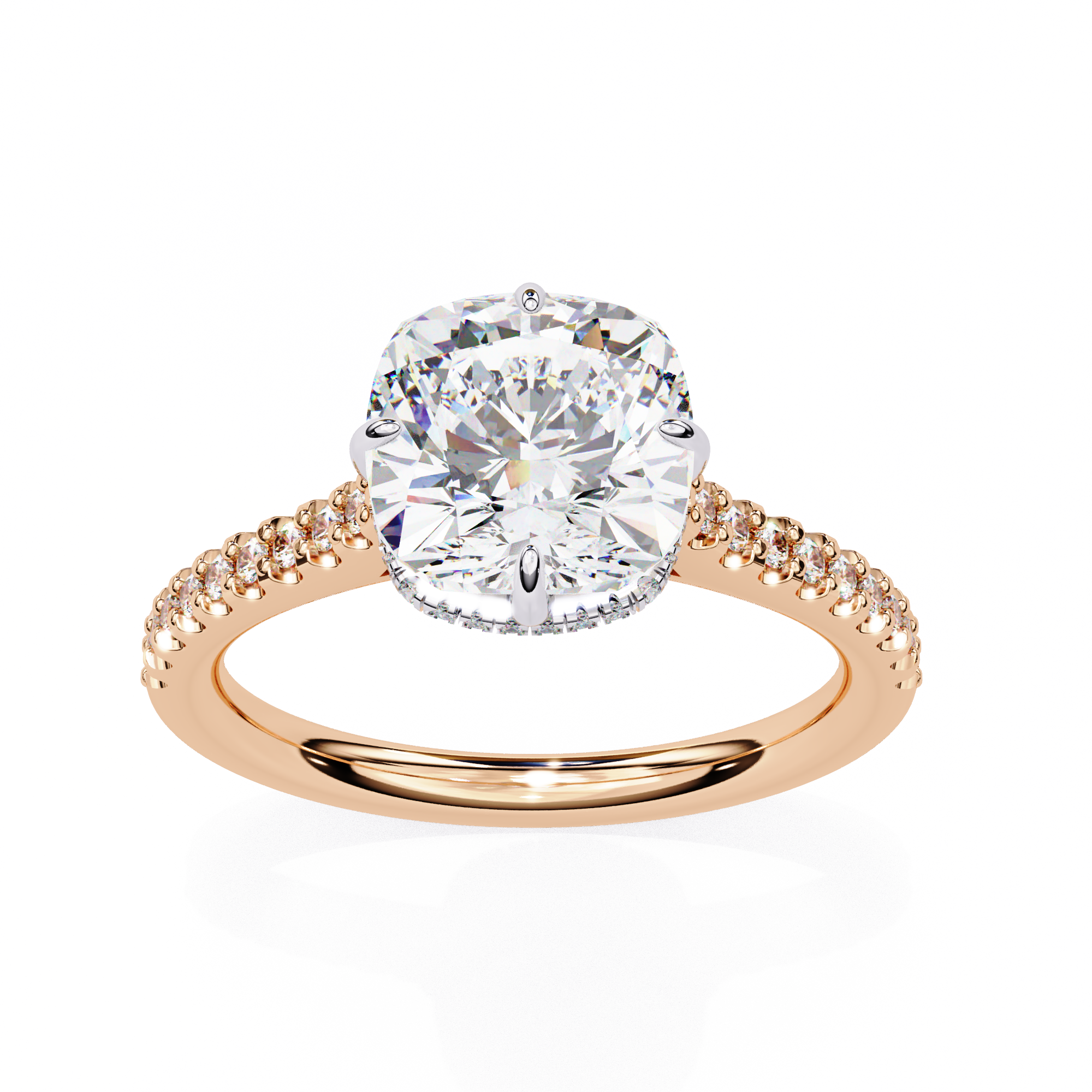 Rose gold ring with a large diamond and smaller diamonds on the band against a white background