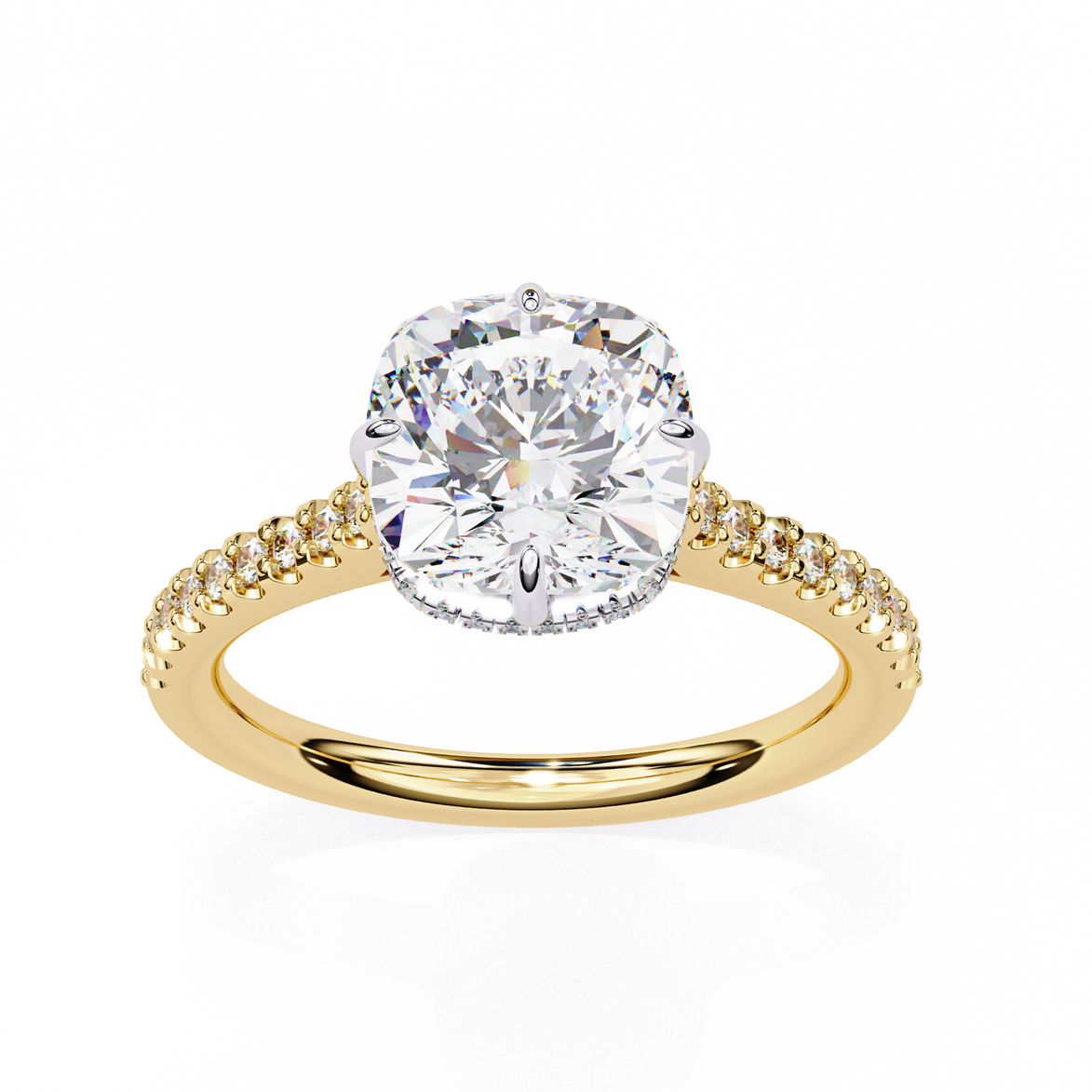 Gold ring with a large diamond and smaller diamonds on the band against a white background