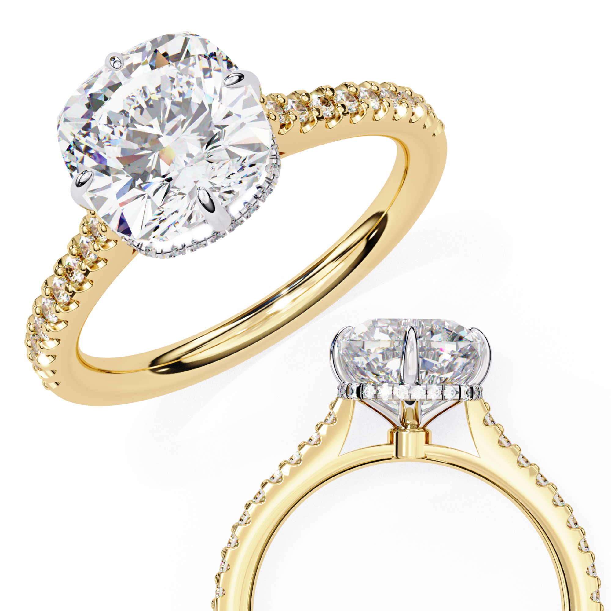 Two gold rings with large diamond stones on a white background