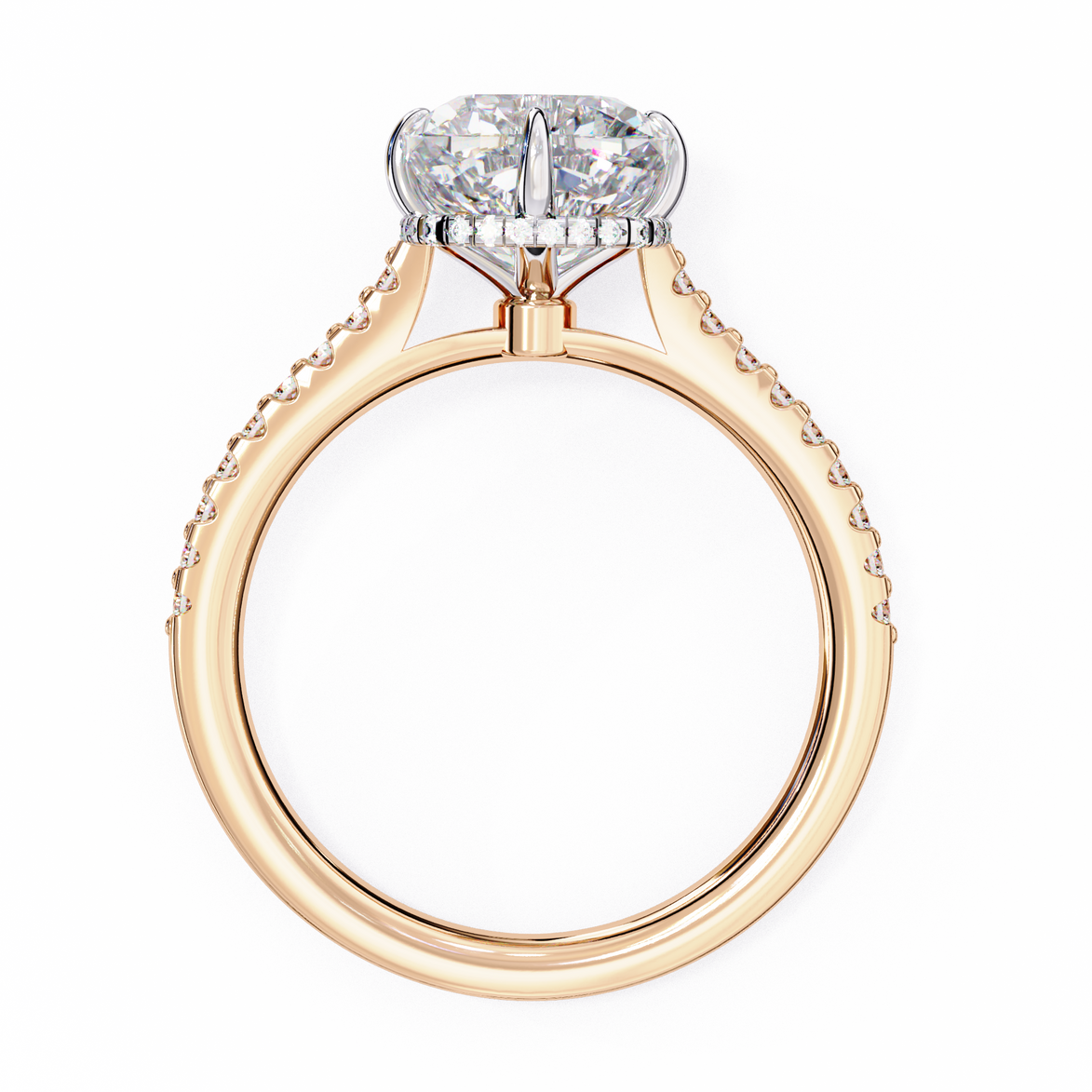 Rose gold ring with a large diamond and smaller diamonds on the band against a white background