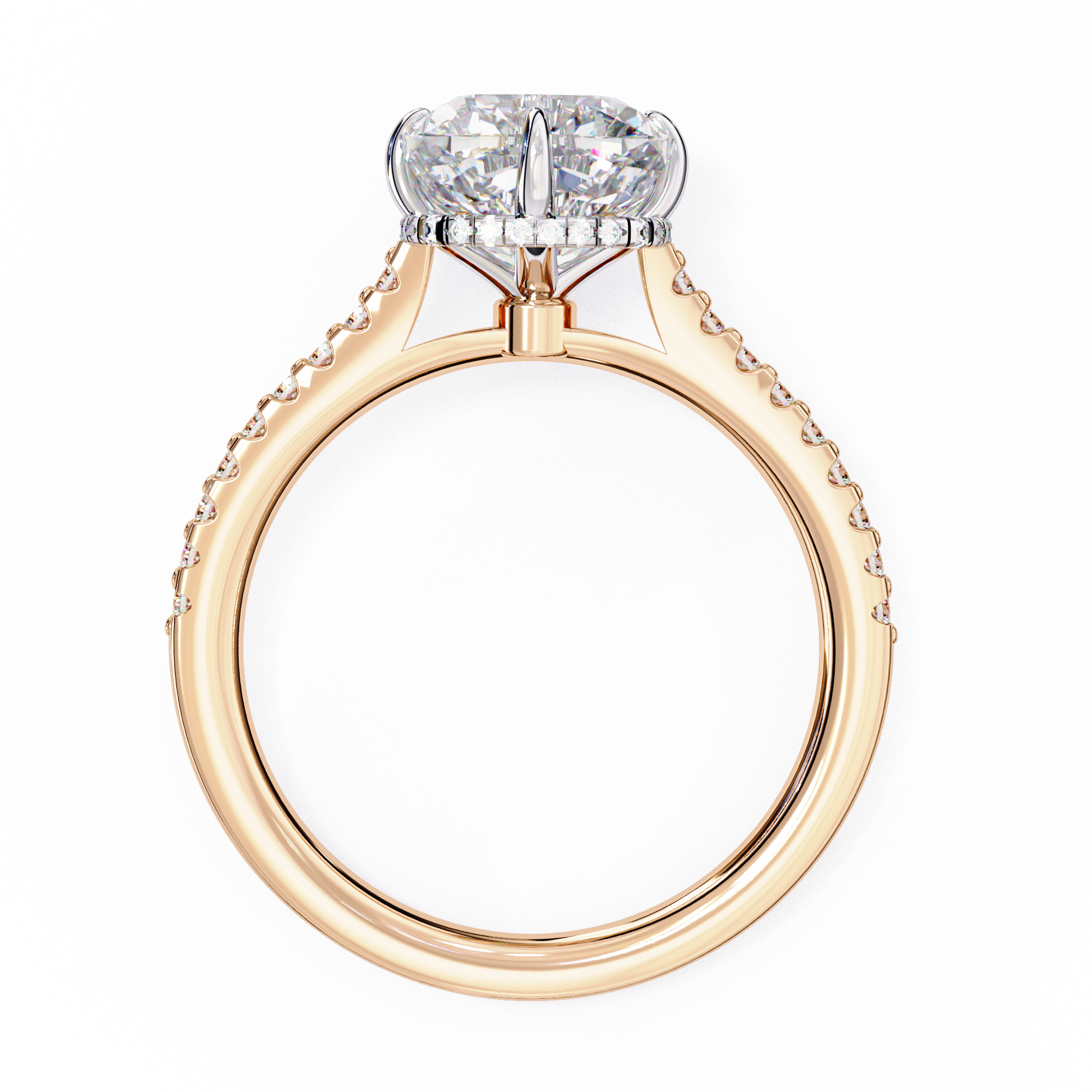 Rose gold ring with a large diamond and smaller diamonds on the band against a white background