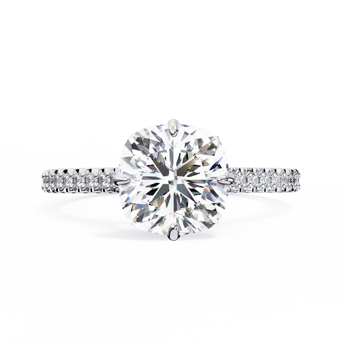 Diamond ring with a large central gemstone and smaller stones on the band against a white background