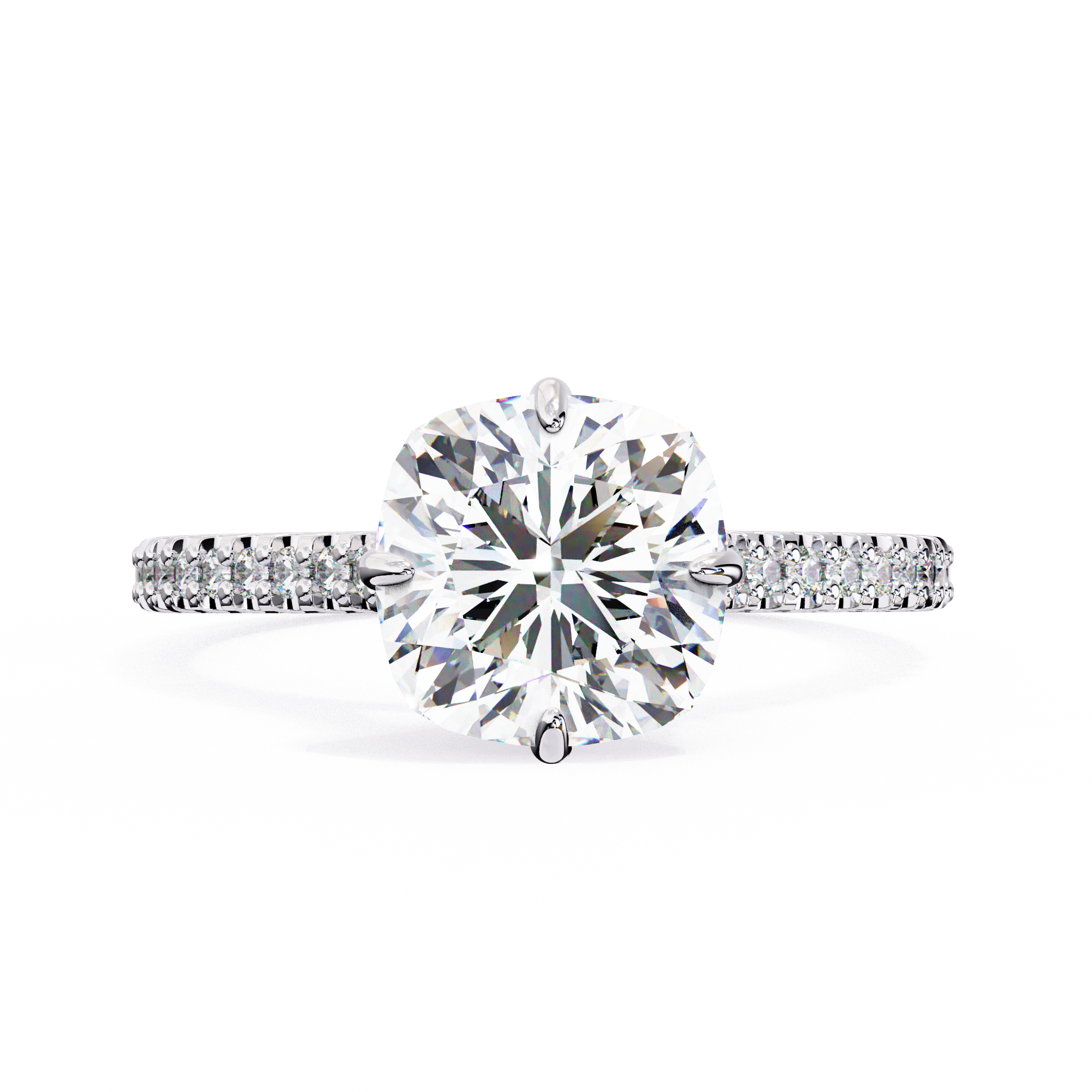 Diamond ring with a large central gemstone and smaller stones on the band against a white background