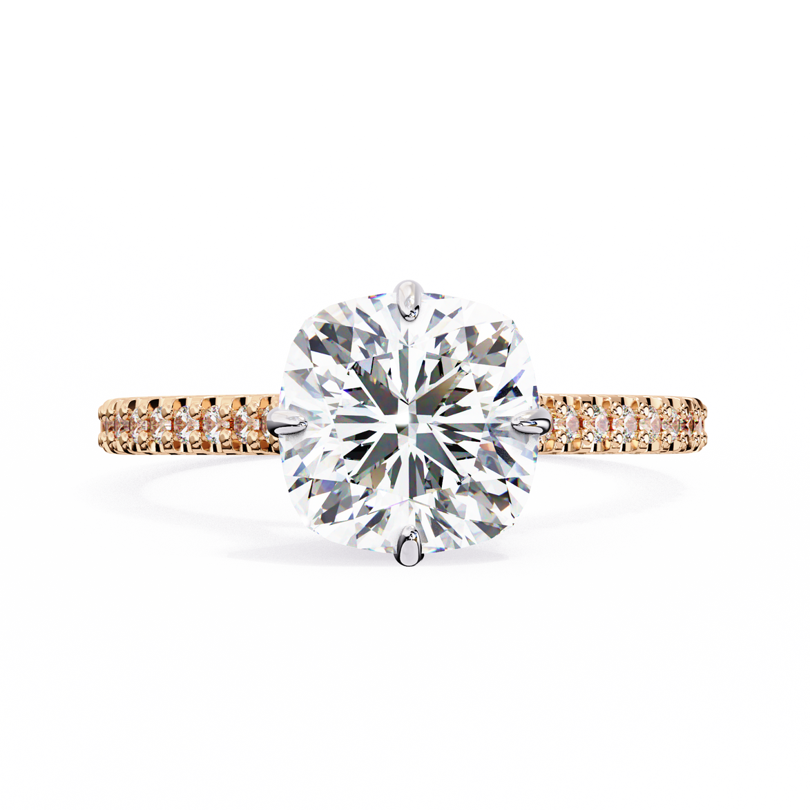 Diamond ring with rose gold band on a white background