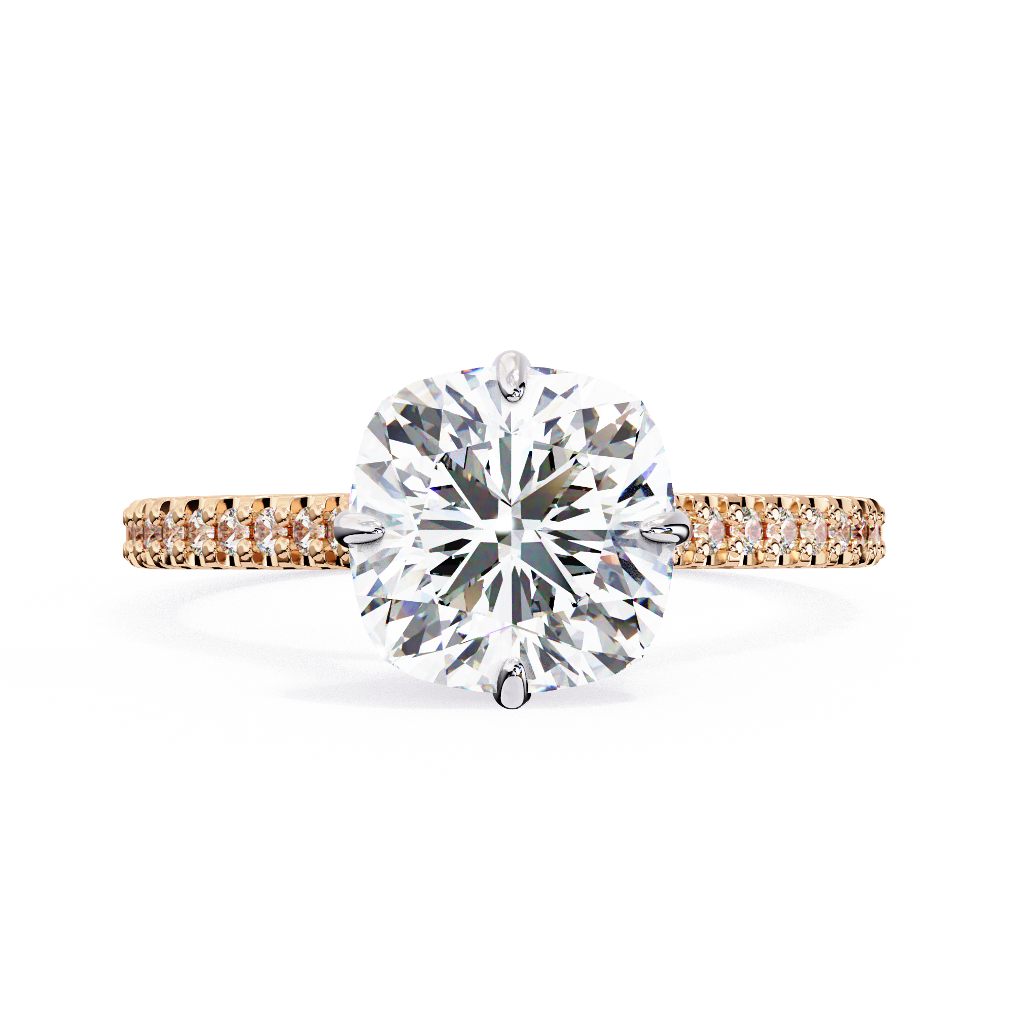 Diamond ring with rose gold band on a white background
