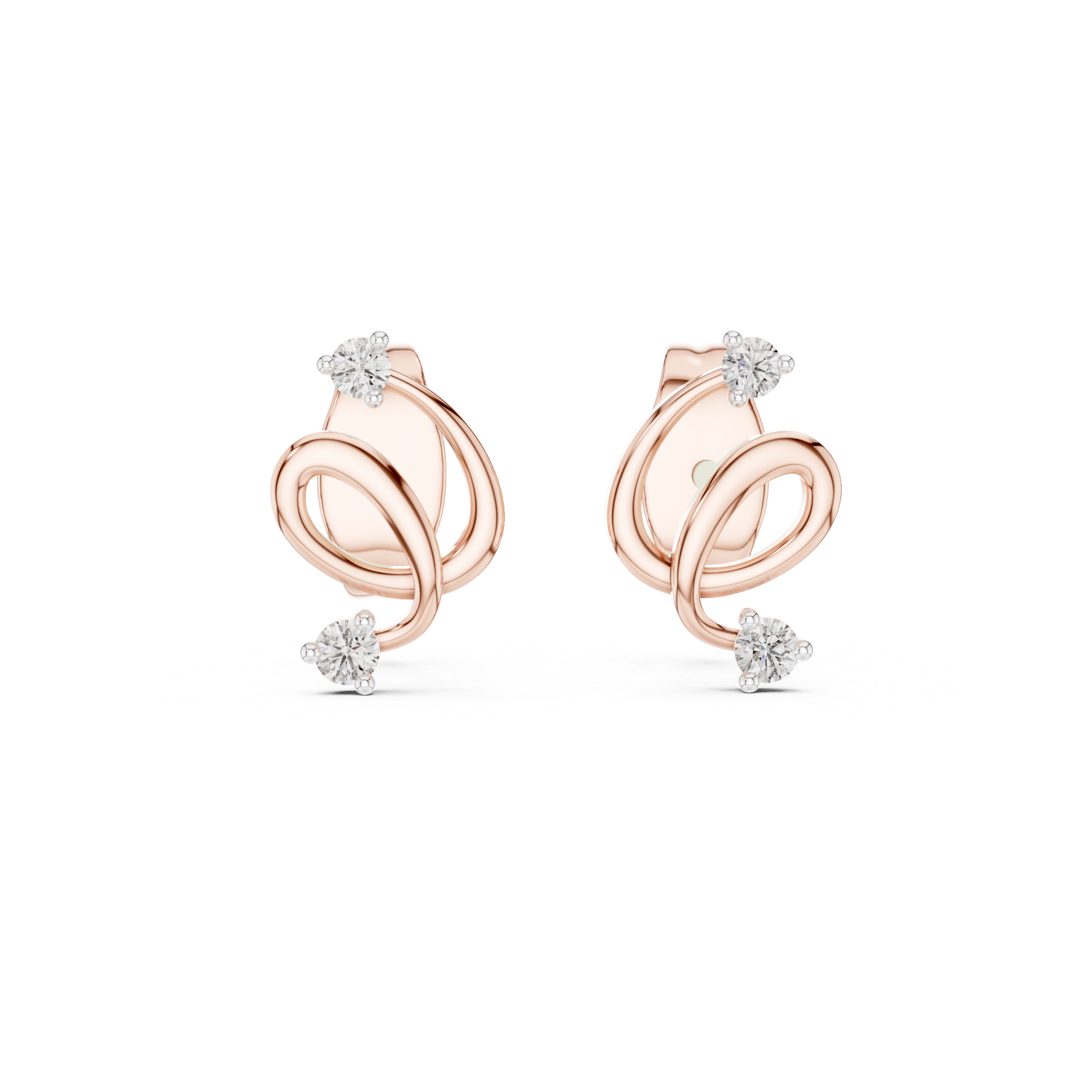 Minimal diamond swirl stud earrings in gold with round brilliant