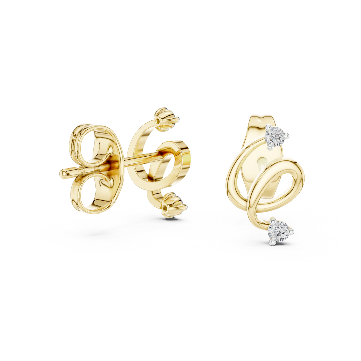 Minimal diamond swirl stud earrings in gold with round brilliant