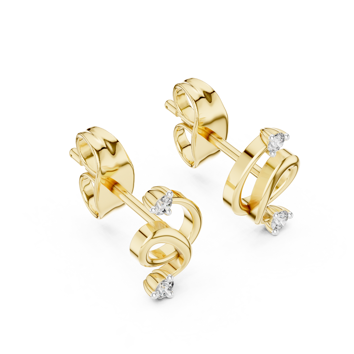 Minimal diamond swirl stud earrings in gold with round brilliant