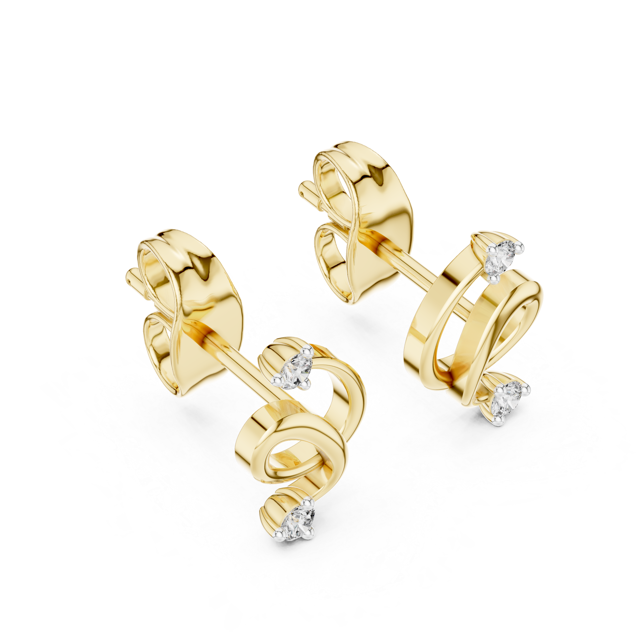 Minimal diamond swirl stud earrings in gold with round brilliant