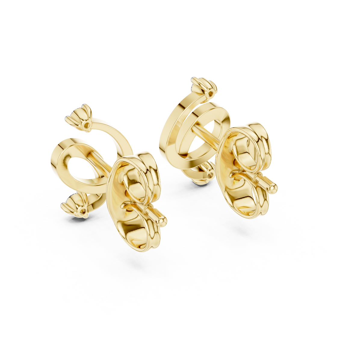 Minimal diamond swirl stud earrings in gold with round brilliant