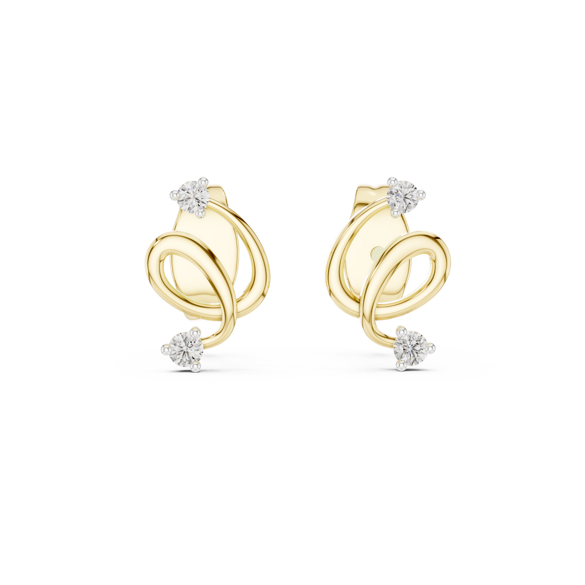 Minimal diamond swirl stud earrings in gold with round brilliant
