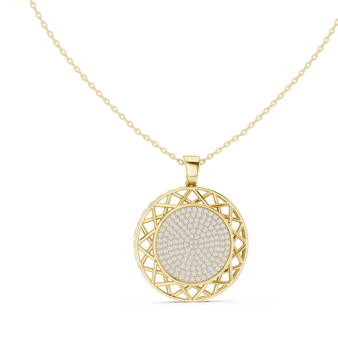 Round diamond medallion pendant in gold with lab grown diamonds by Signora Jewels