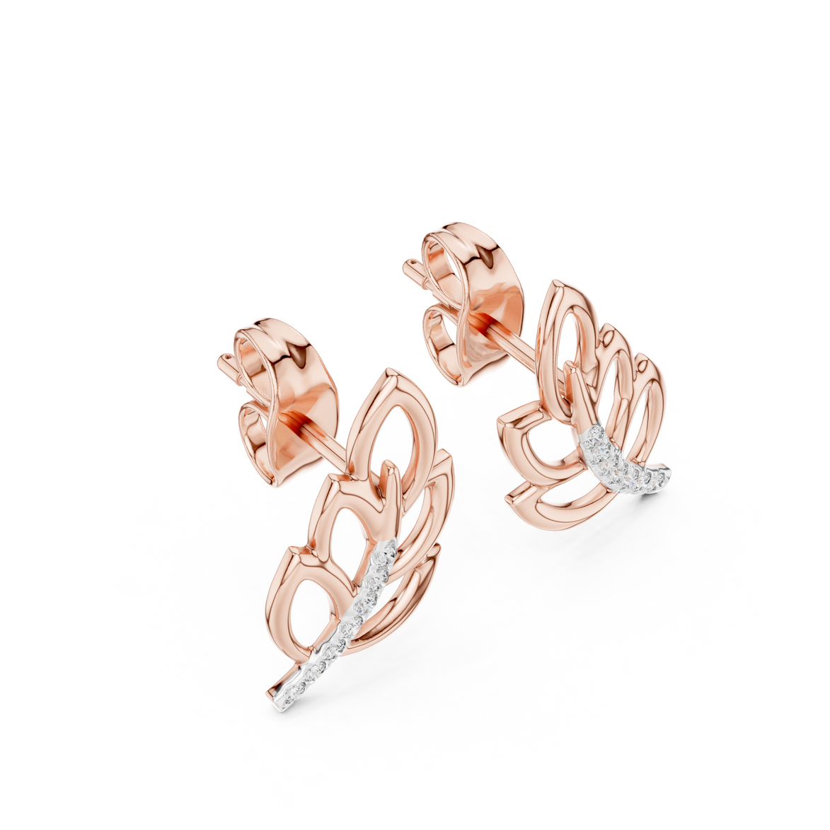 Diamond leaf stud earrings in gold with round brilliant CVD diamonds