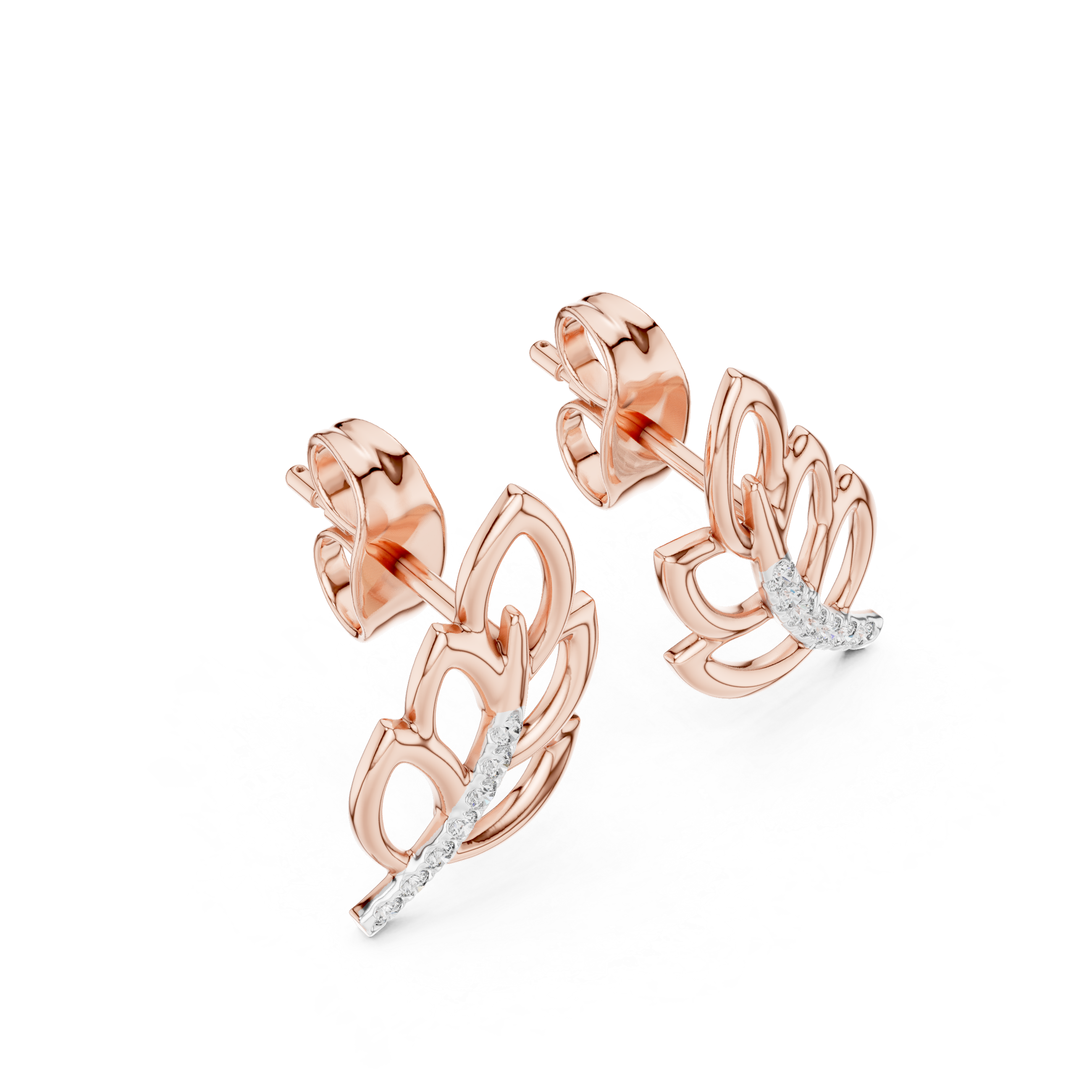 Diamond leaf stud earrings in gold with round brilliant CVD diamonds