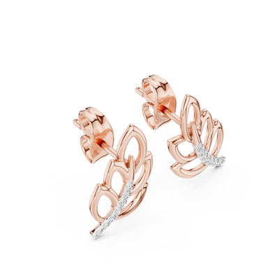 Side profile of rose gold elegant openwork leaf diamond studs.