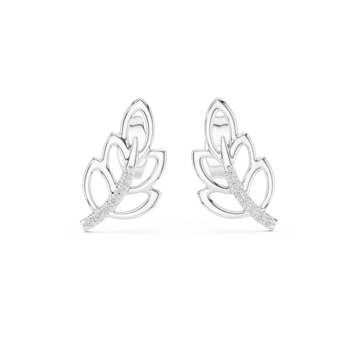 Diamond leaf stud earrings in gold with round brilliant CVD diamonds
