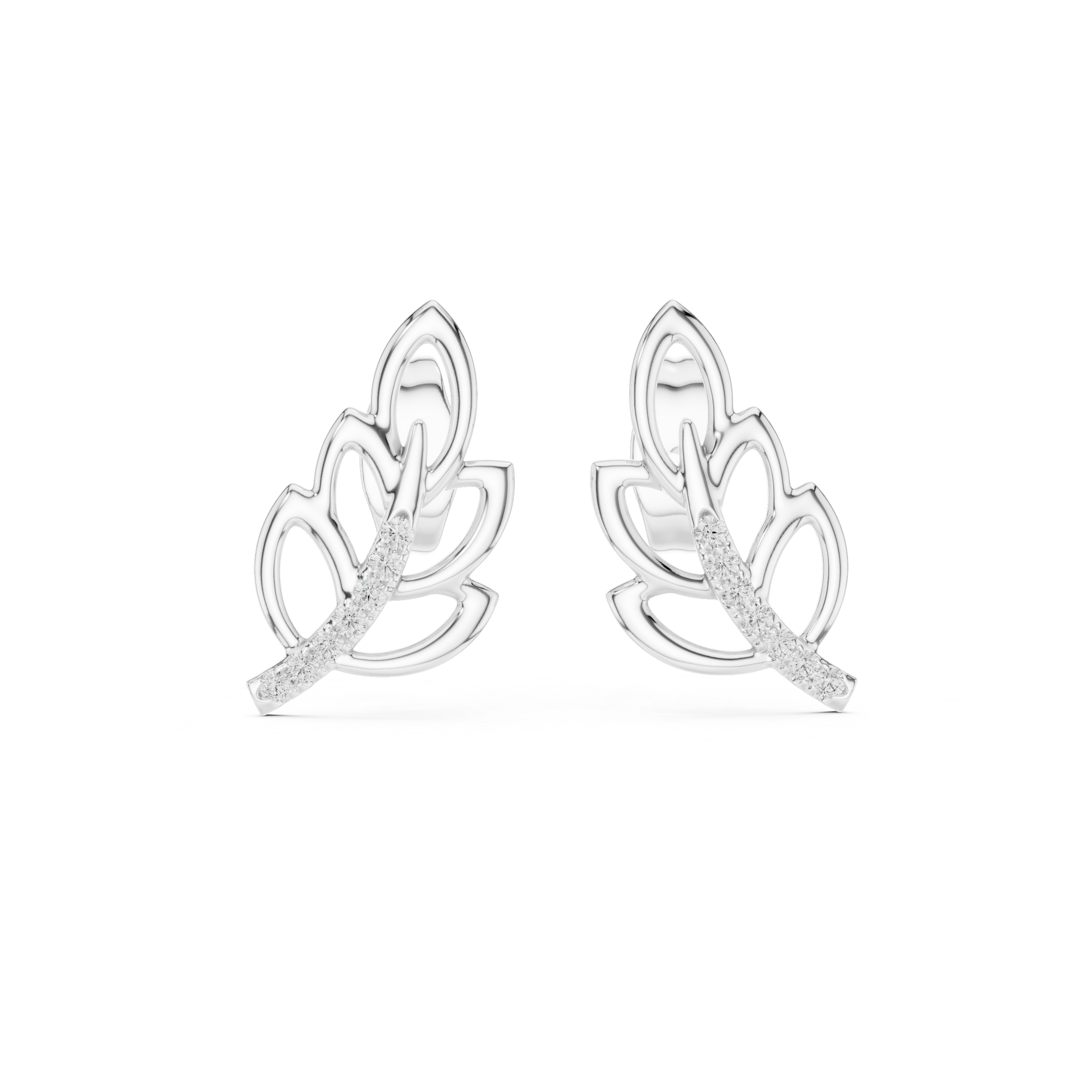 Diamond leaf stud earrings in gold with round brilliant CVD diamonds