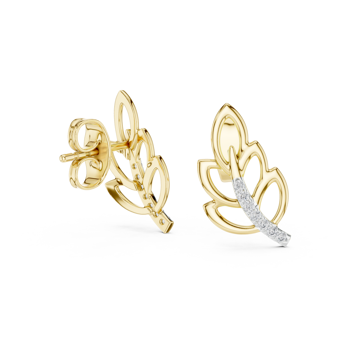 Diamond leaf stud earrings in gold with round brilliant CVD diamonds
