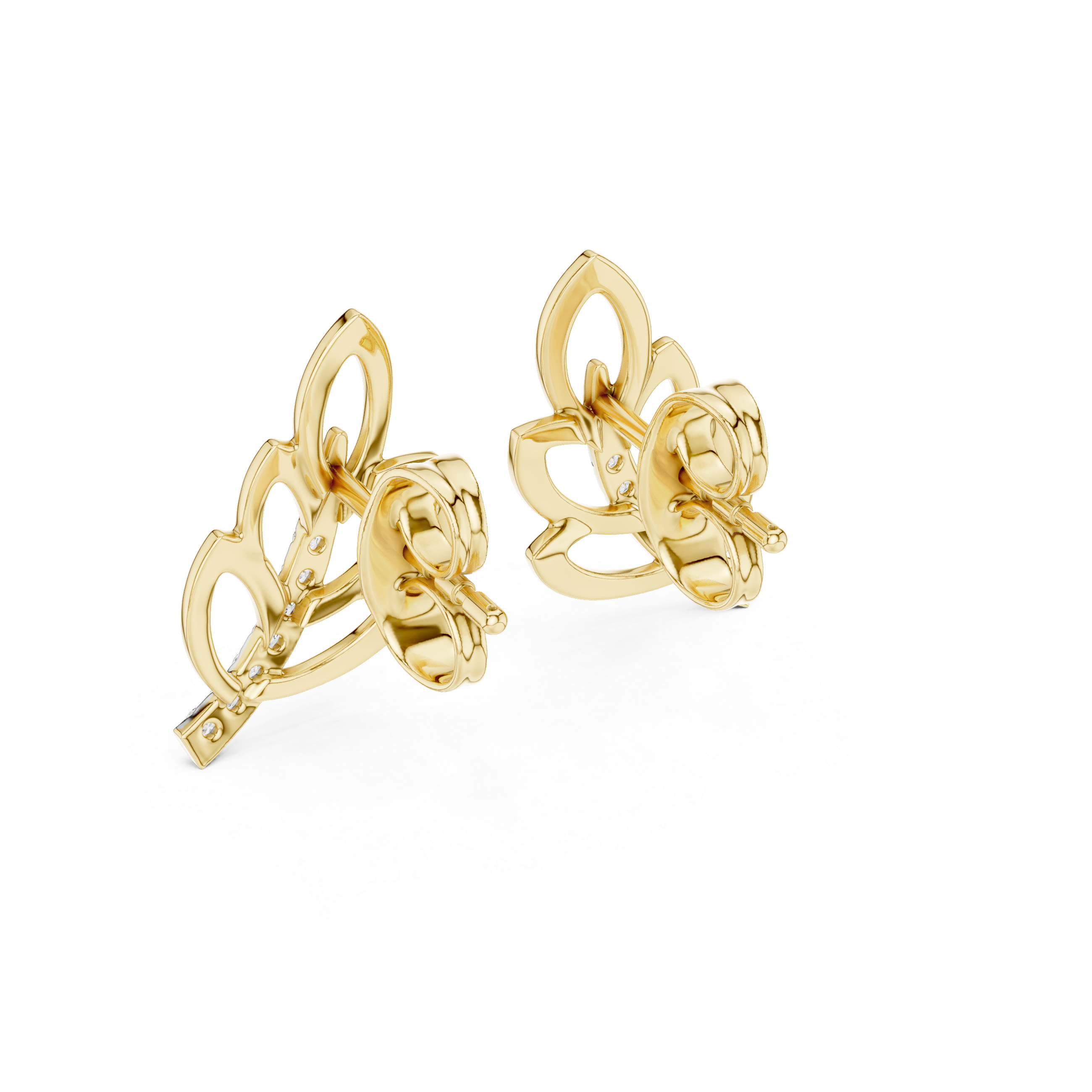 Diamond leaf stud earrings in gold with round brilliant CVD diamonds