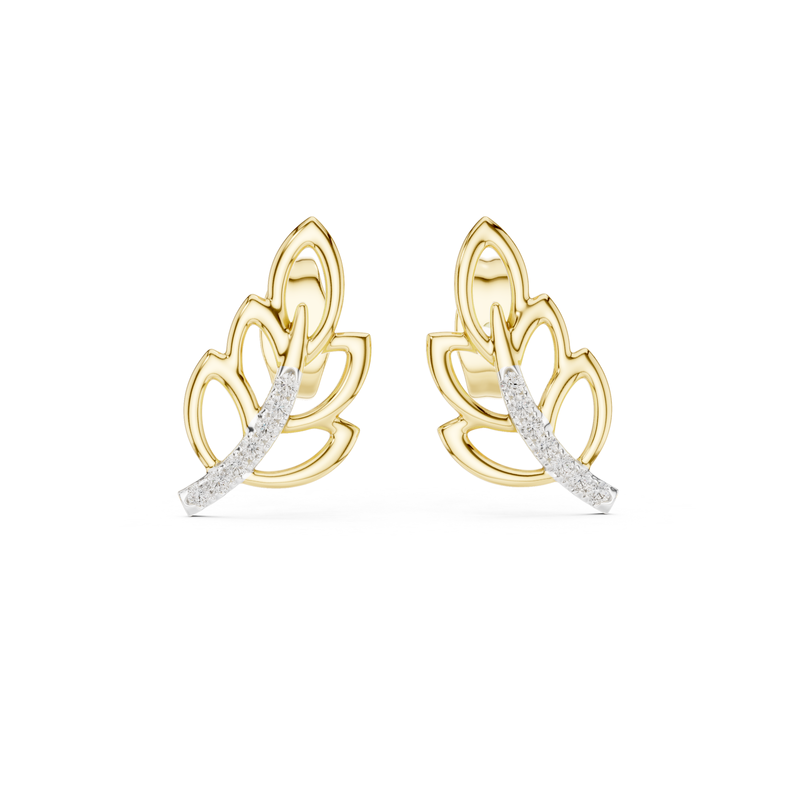 Diamond leaf stud earrings in gold with round brilliant CVD diamonds