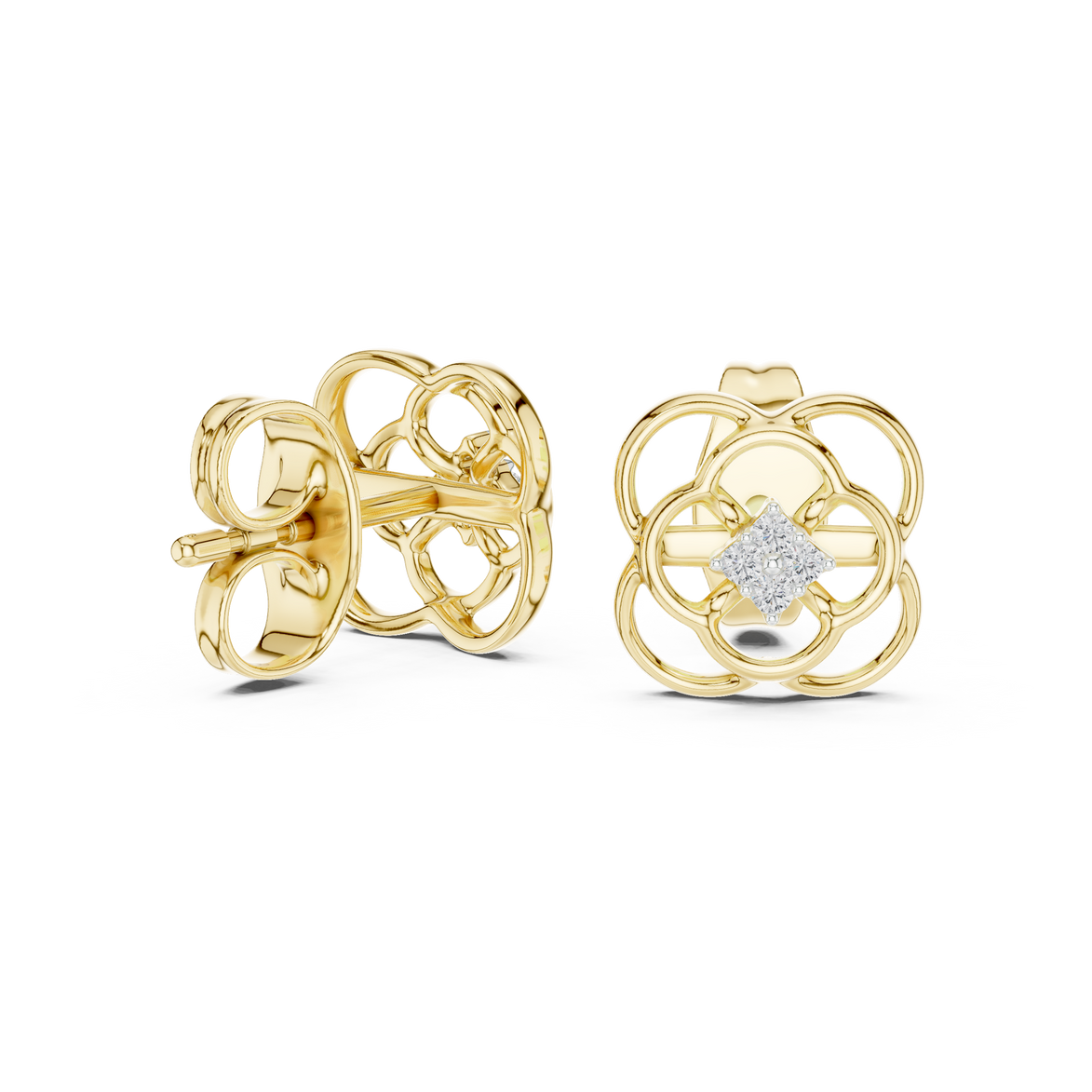 Diamond floral stud earrings in gold with round brilliant CVD diamonds