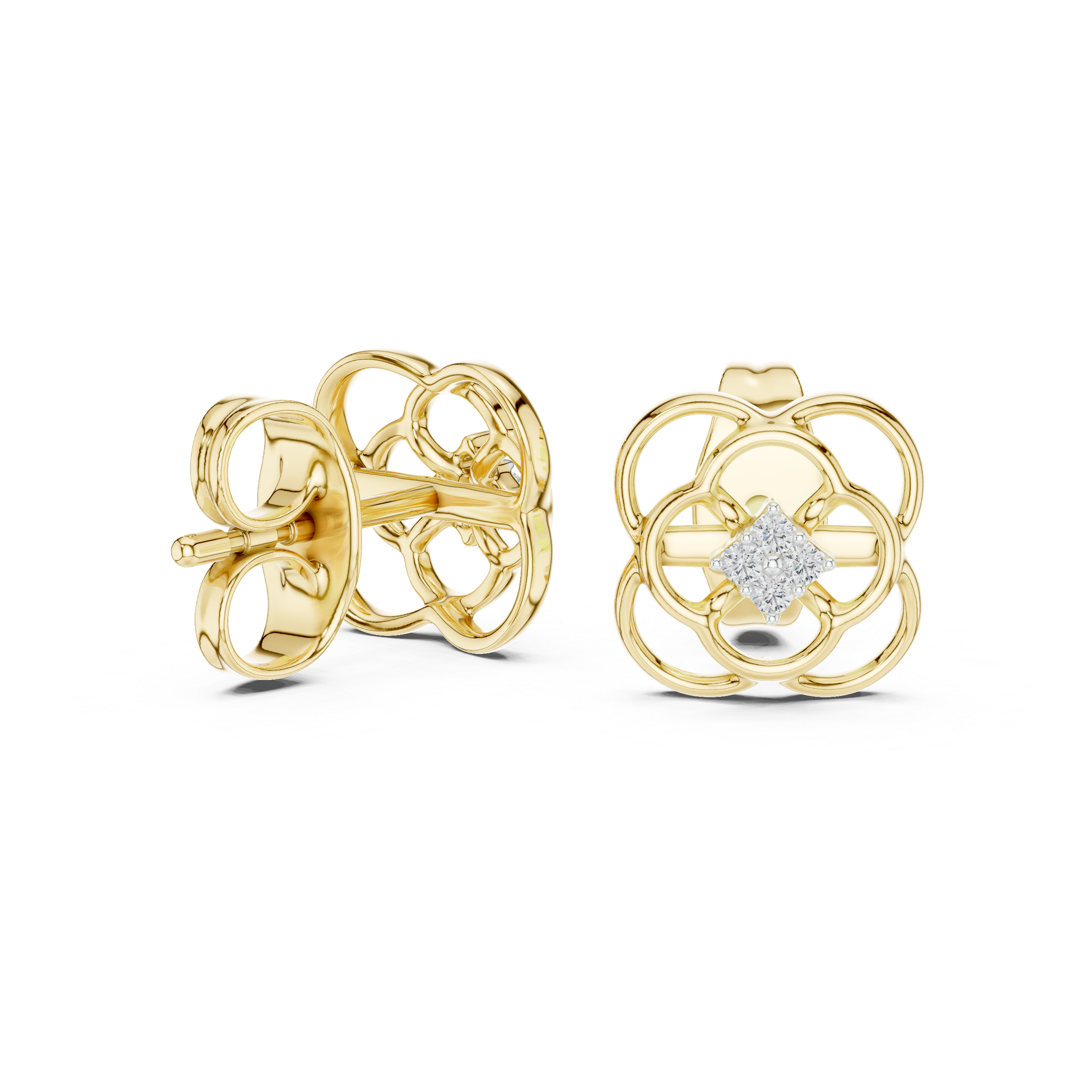 Diamond floral stud earrings in gold with round brilliant CVD diamonds