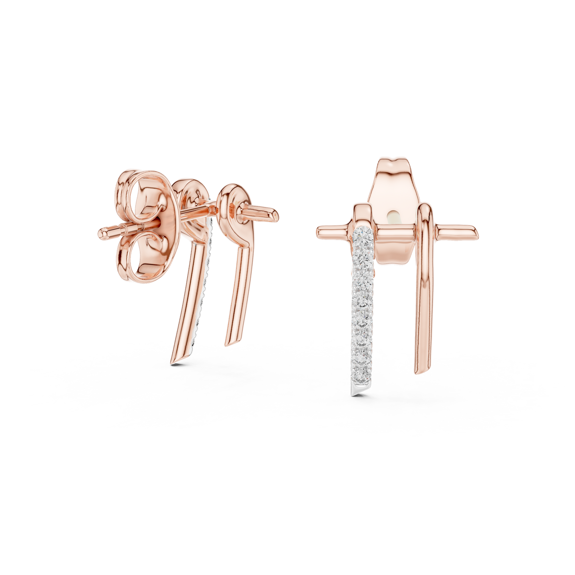 Curved diamond bar stud earrings in gold with round diamonds