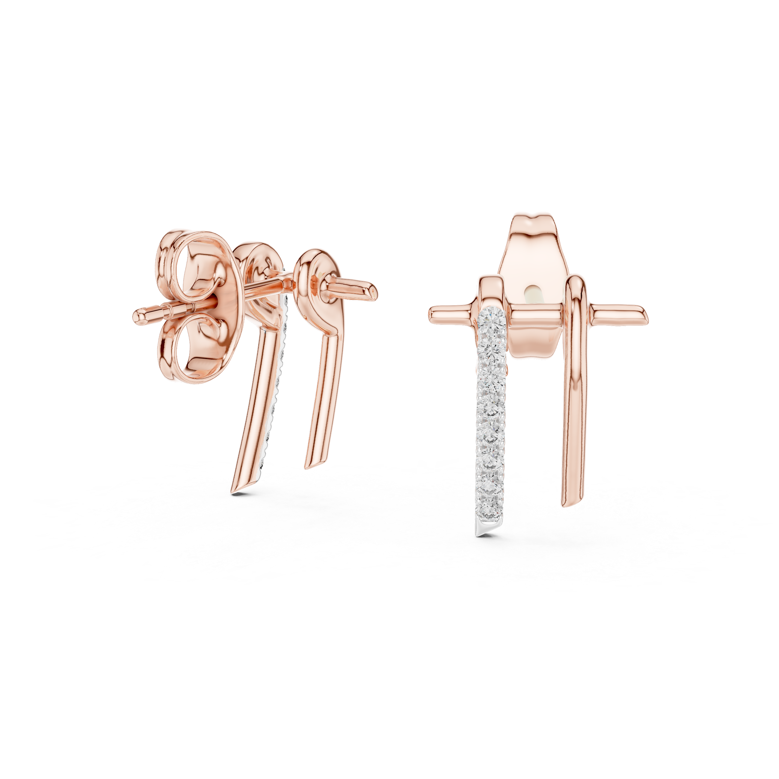 Curved diamond bar stud earrings in gold with round diamonds