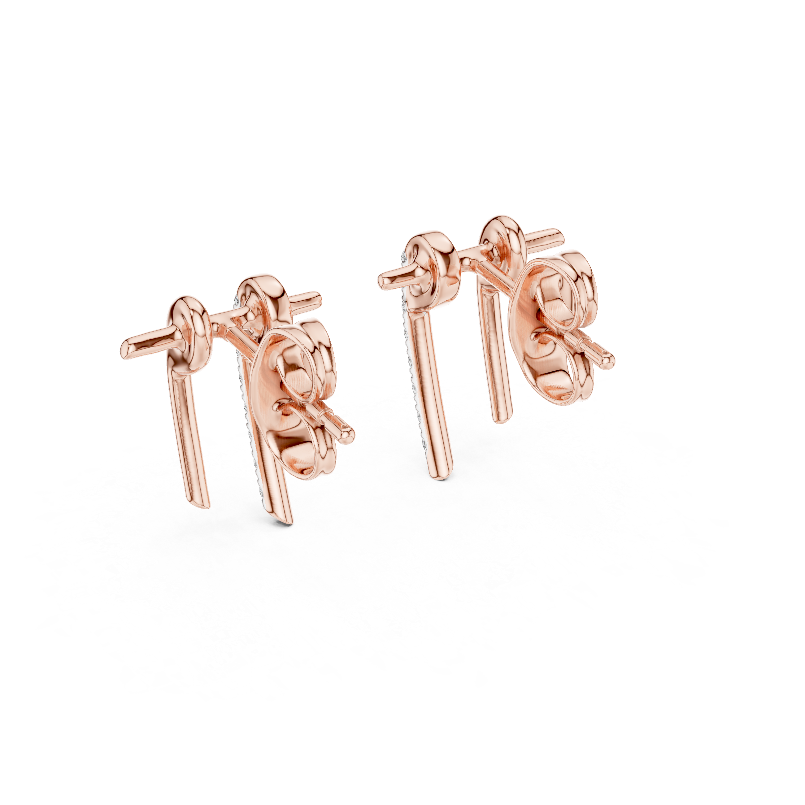 Curved diamond bar stud earrings in gold with round diamonds