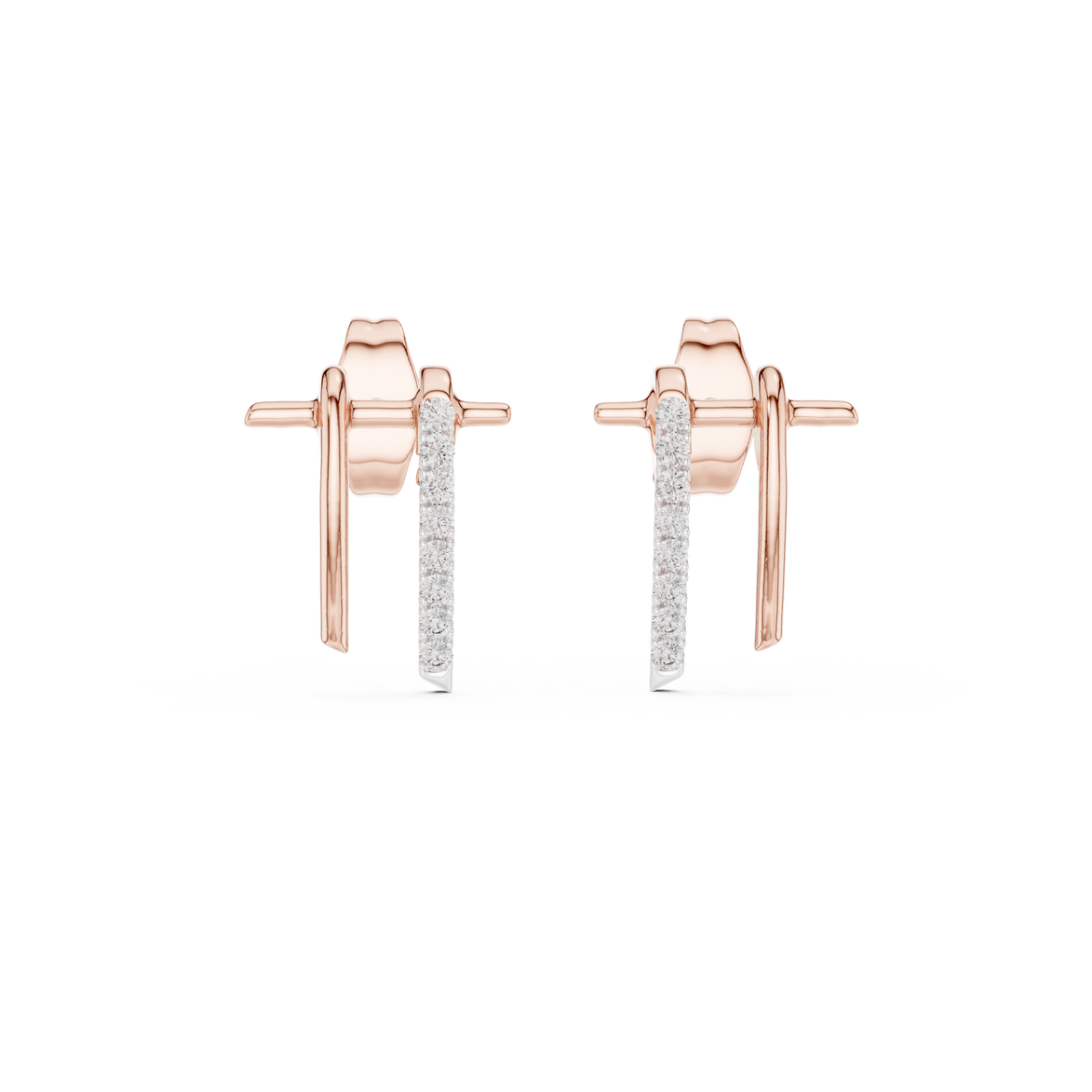 Curved diamond bar stud earrings in gold with round diamonds