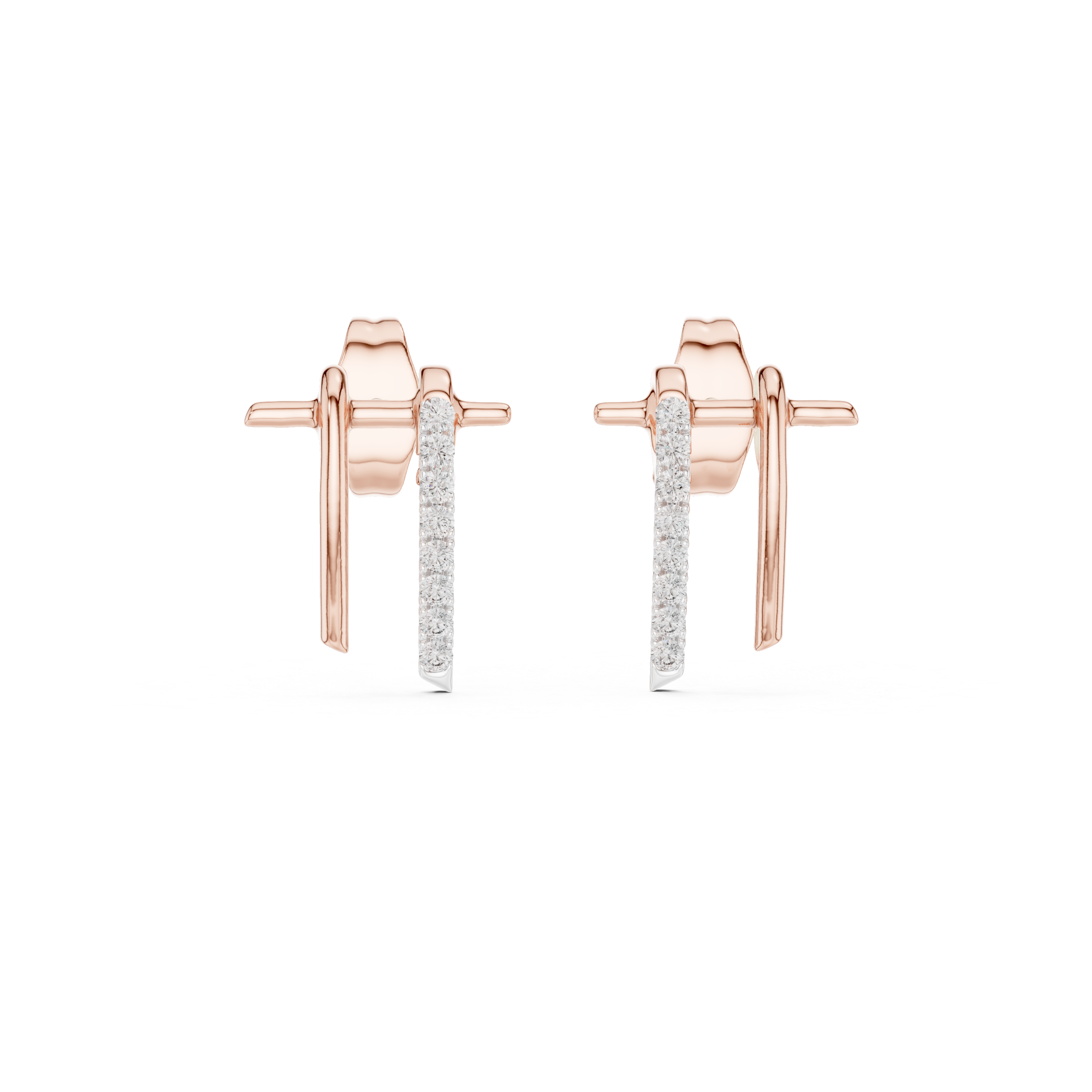 Curved diamond bar stud earrings in gold with round diamonds