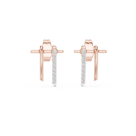 Curved diamond bar stud earrings in gold with round diamonds