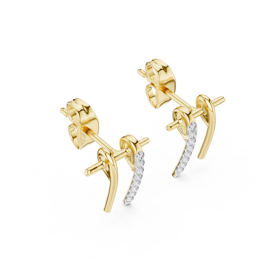 Curved diamond bar stud earrings in gold with round diamonds