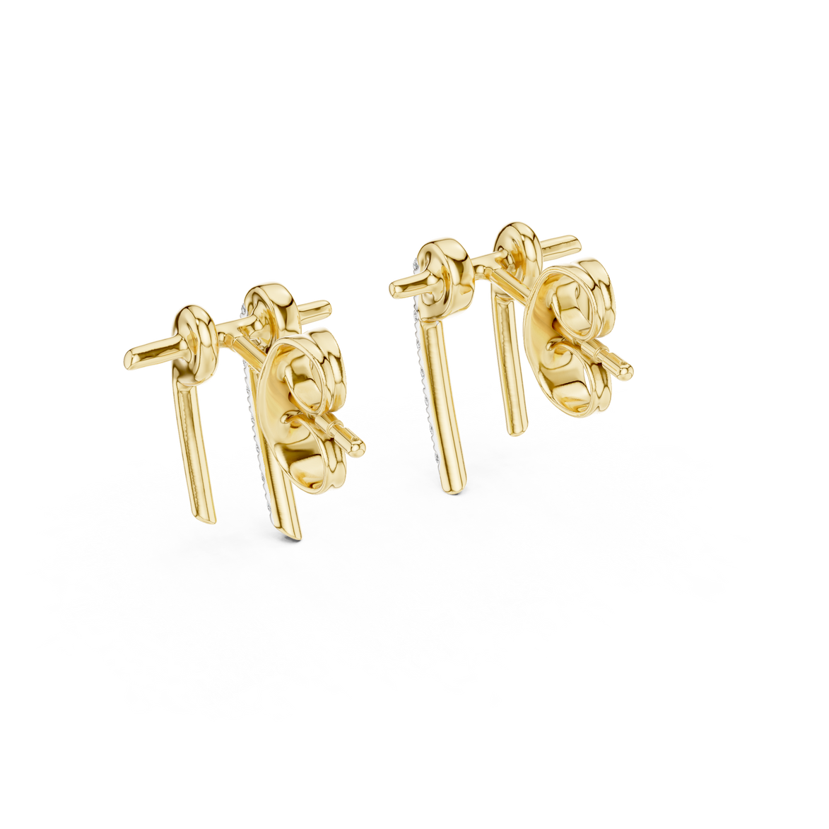 Curved diamond bar stud earrings in gold with round diamonds