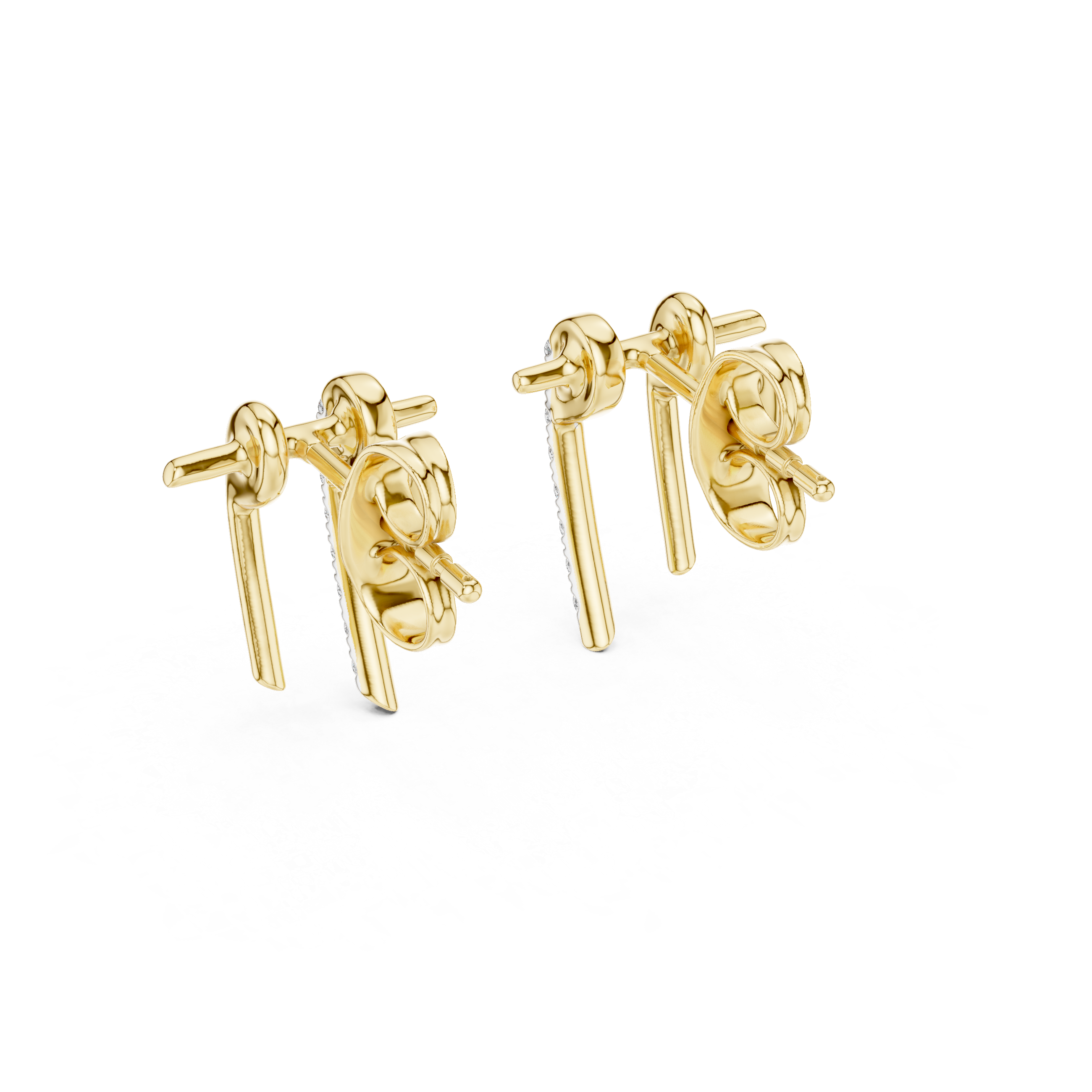 Curved diamond bar stud earrings in gold with round diamonds