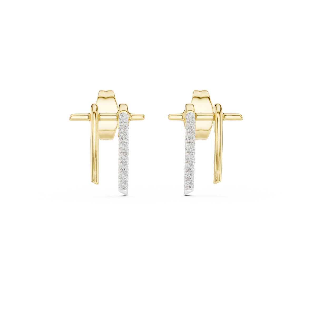 Curved diamond bar stud earrings in gold with round diamonds