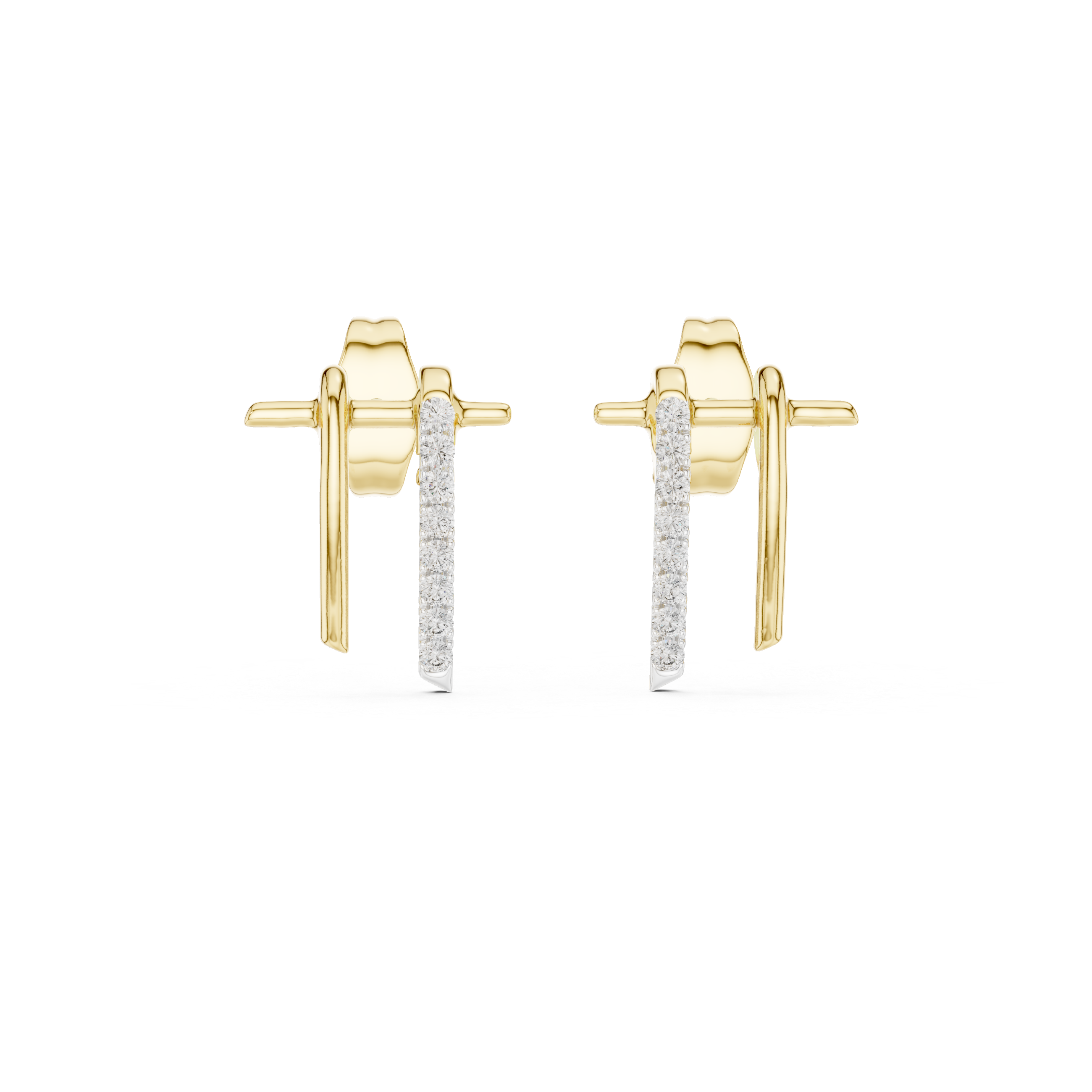Curved diamond bar stud earrings in gold with round diamonds