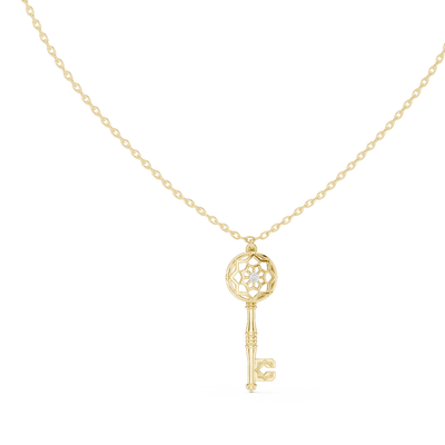 round lab grown diamond vintage key pendant in yellow gold